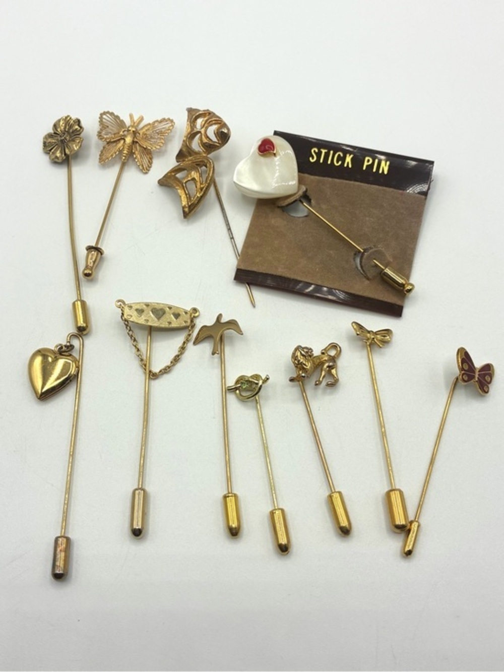 Vintage Gold Tone Stick Pin Lot 11 Heart Locket Butterfly Lion Bird Flower Monet